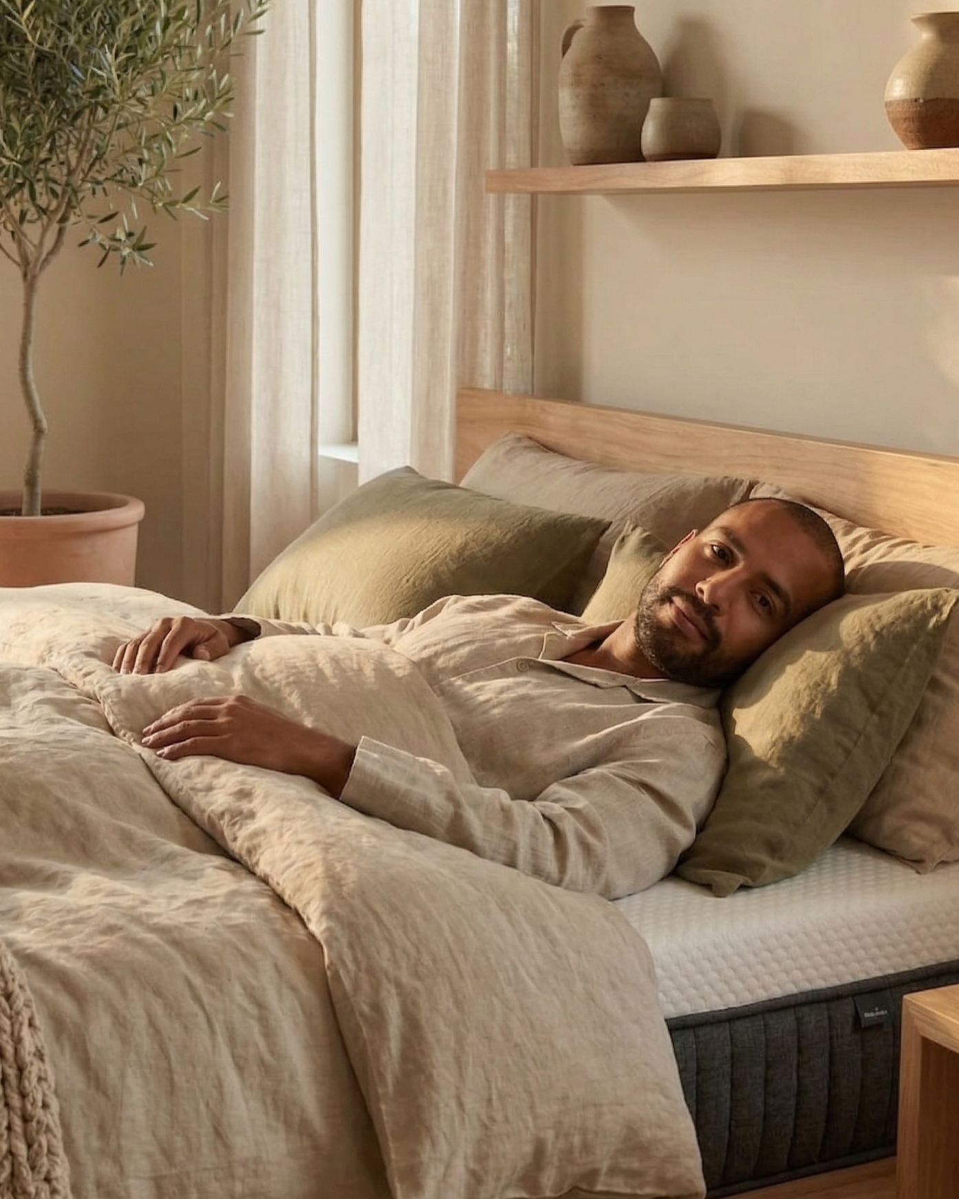 Profesional colombiano despertando con descanso genuino, mañana luminosa, sábanas de lino